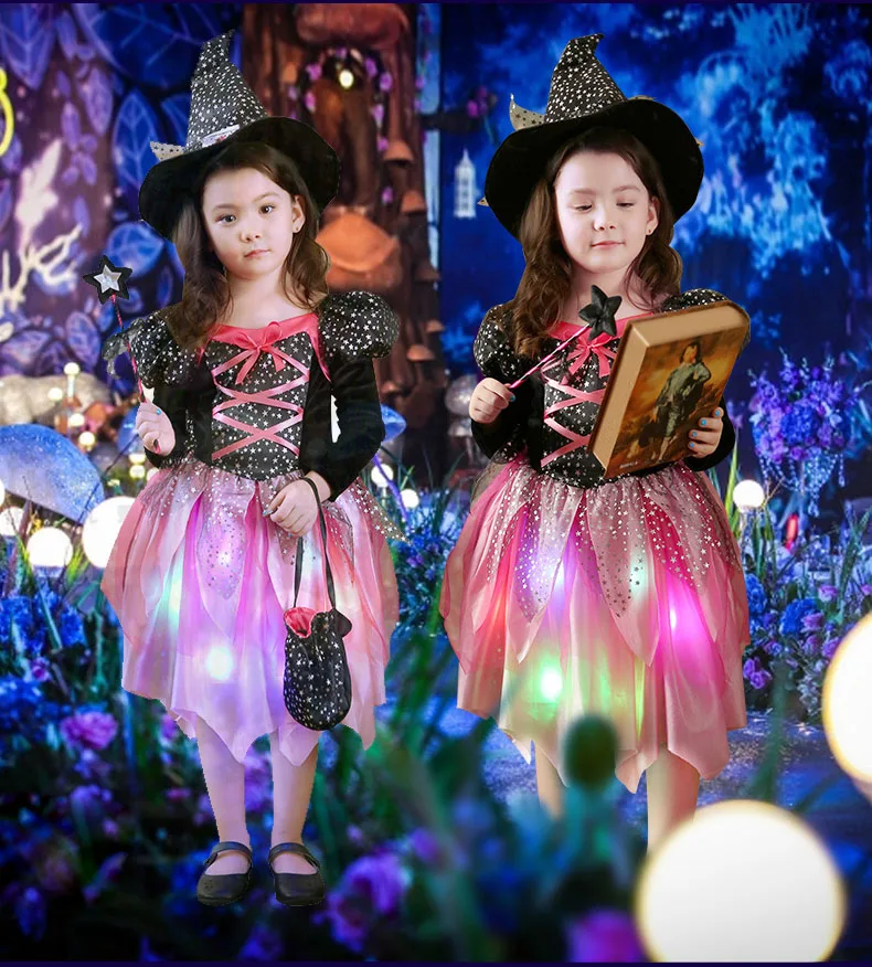 

2023 New Kids LED Light Witch Costume Children Girls Cosplay Costumes Halloween Carnival Party Fancy Dress Decoration Purim