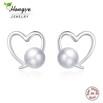 

Hongye Authentic 925 Sterling Silver Sweet Lover Heart Natural Freshwater Pearl Stud Earring For Women Luxury Brincos Jewelry