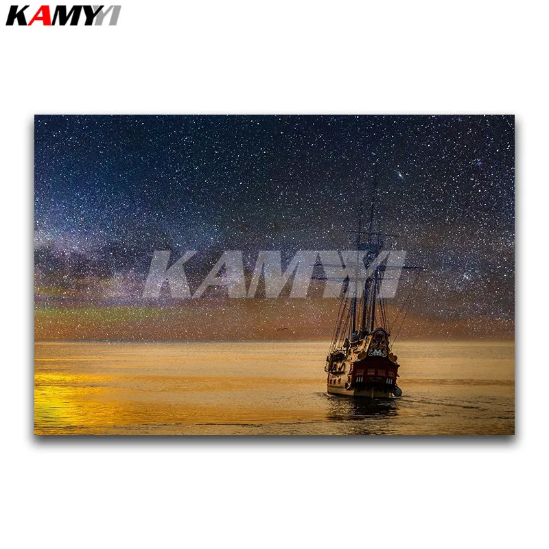 

Full Round Diamond painting landscape Full Square Diamond embroidery Cross stitch sea sailboat DIY 3D Diamond mosaic Starry sky