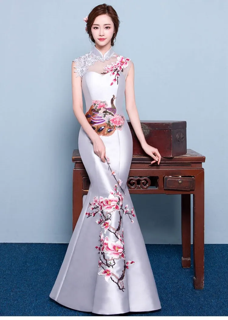 Восточный вечер платье в китайском стиле Стиль модные павлина вышитое платье-чанпао пикантное длинное Русалка Cheongsams Vestidos S-XXL