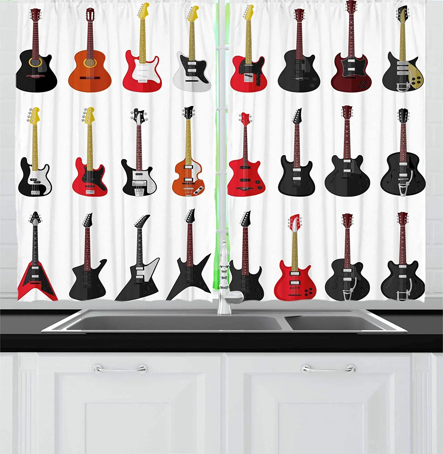 Guitar Kitchen Curtains Musical Instruments Set Pattern With