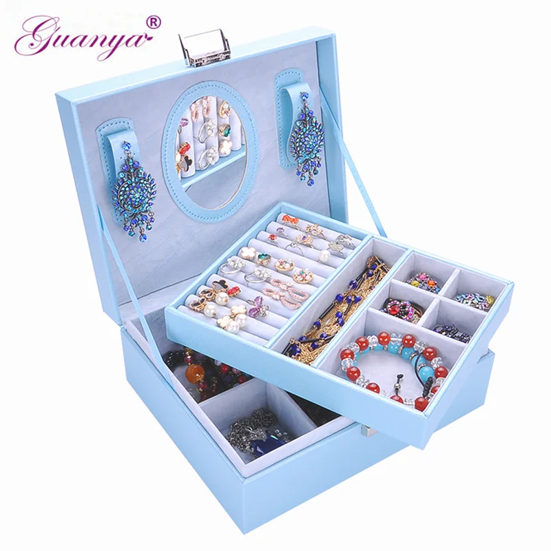  Guanya leather jewelry box GIFT multi Cosmetic&jewelry organizer with mirror lock Storage BOX Caske