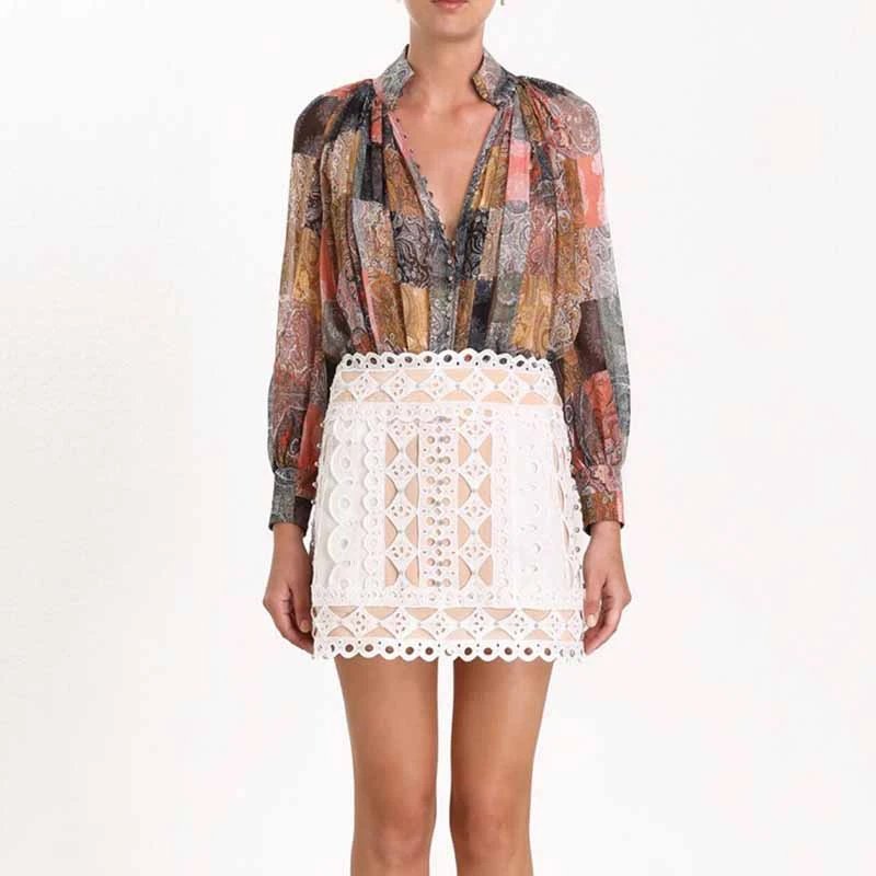 

[YaLee] New Fashion 2019 Summer Autumn Contrast Color Printing Stand Collar Long Lantern Single Breasted Blouse Shirt Women A766