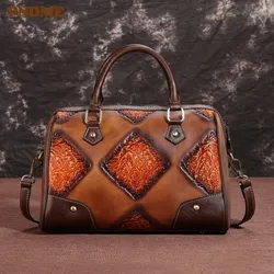 PNDME retro handmade embossed large capacity genuine leather ladies handbag fashion rivet cowhide women's shoulder messenger bag PNDME retro handmade embossed large capacity genuine leather ladies handbag fashion rivet cowhide women's shoulder messenger bag