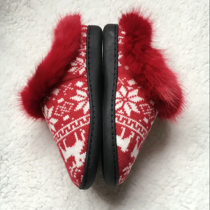 Women's Soft Yarn Cable Knitted Faux Fur Collar Slip On Slippers Memory Foam Anti-Skid Sole House Slipper Shoes (13)