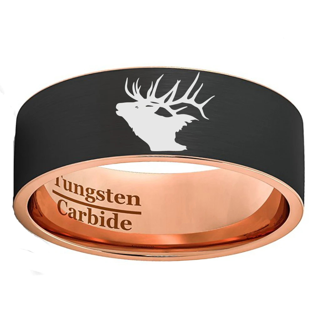 8mm Black & Rose Gold Color Tungsten Wedding Engagement Ring for Lover Couples Mens Christmas Elk Antlers Lasered Jewelry
