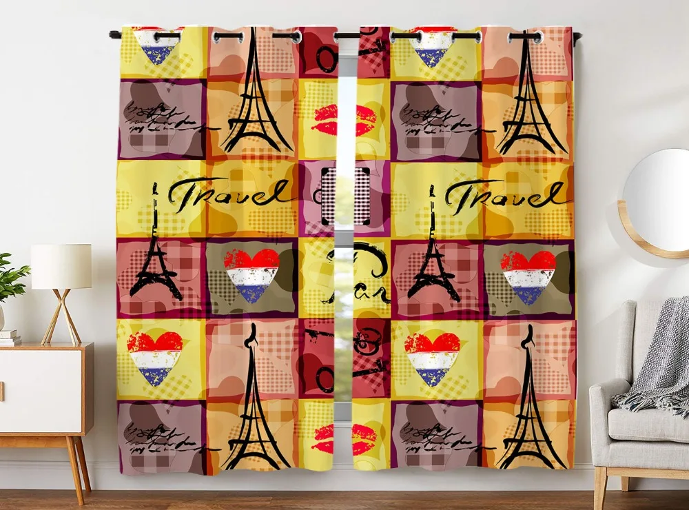 

HommomH Curtains (2 Panel) Grommet Top Darkening Blackout Room Paris Tower Love Red Lips Checkered Yellow