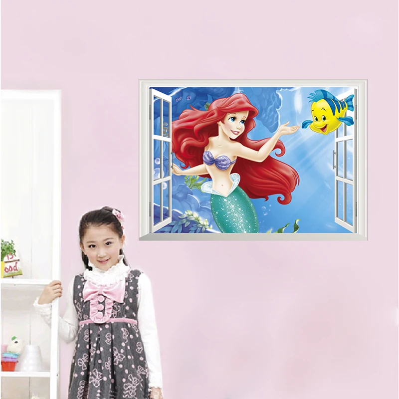 Frozen Snow White Cinderella Belle Aurora Princess 3D Window Wall Stickers Kids Room Home Decor Cartoon Mural Anime Wall Decals