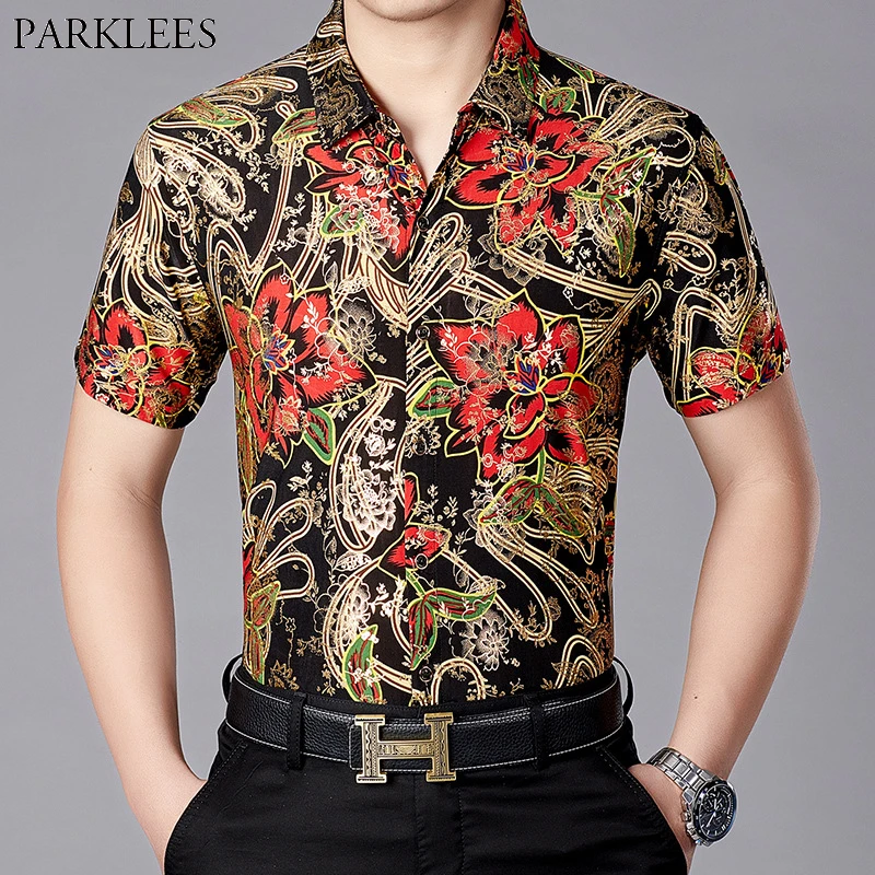 Floral Shirt Men 2019 Summer New Milk Silk Mens Dress Shirts Gold ...