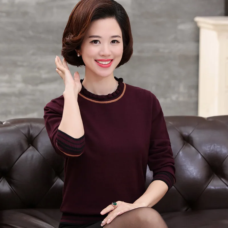 

Middle Aged Women Pullover Sweater Winter Autumn Fashion Warm Pullovers High Quality Solid Colors Femme Stand Collar Sweaters