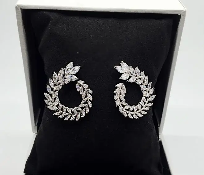 White Gold Color Elegant Circle Olive Branch Big Stud Earrings for