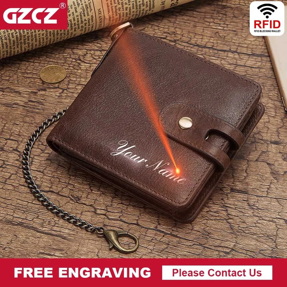 

GZCZ Free Engraving Cow Leather RFID Wallet Men With Coin Pocket Short Wallets Small Zipper Walet with card holders Male Hasp