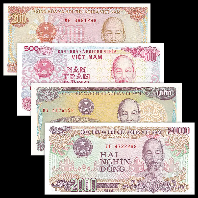 Вьетнамский вьетнамский набор банкнот 4 шт. 200 + 500 1000 2000 Донг UNC коллекция подарок