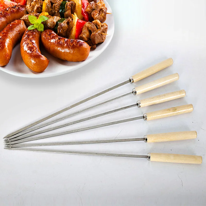 Stainless Steel BBQ Skewers Roast Meat Prod Wooden Handle Flat Skewer