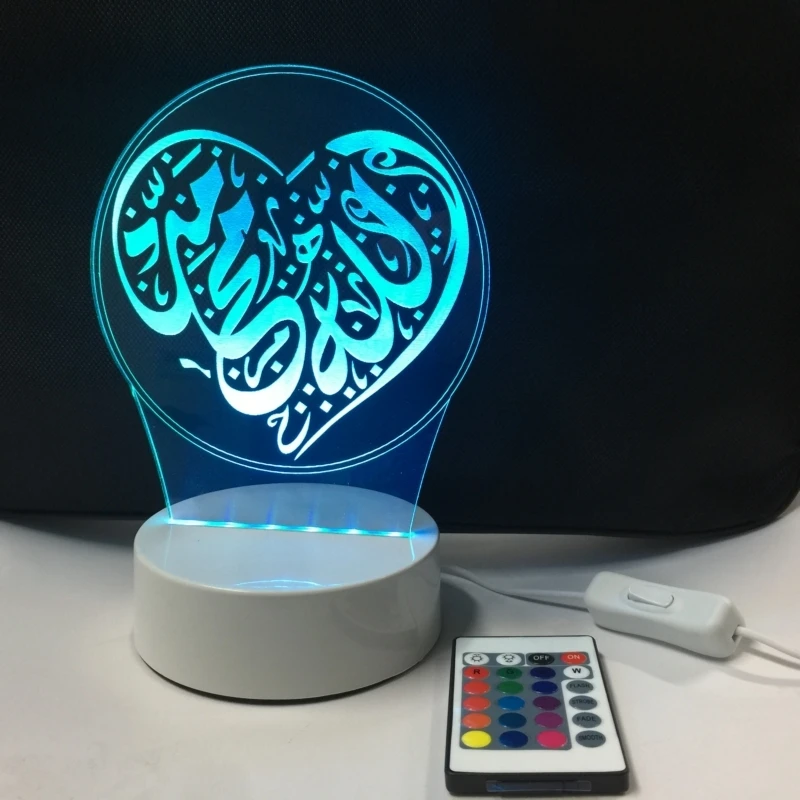3D в форме сердца исламский свет лампы, свет, акриловый красочный Мохаммед USB светодиодный настольный лампа, ночник, свет, Бог верующий Декор