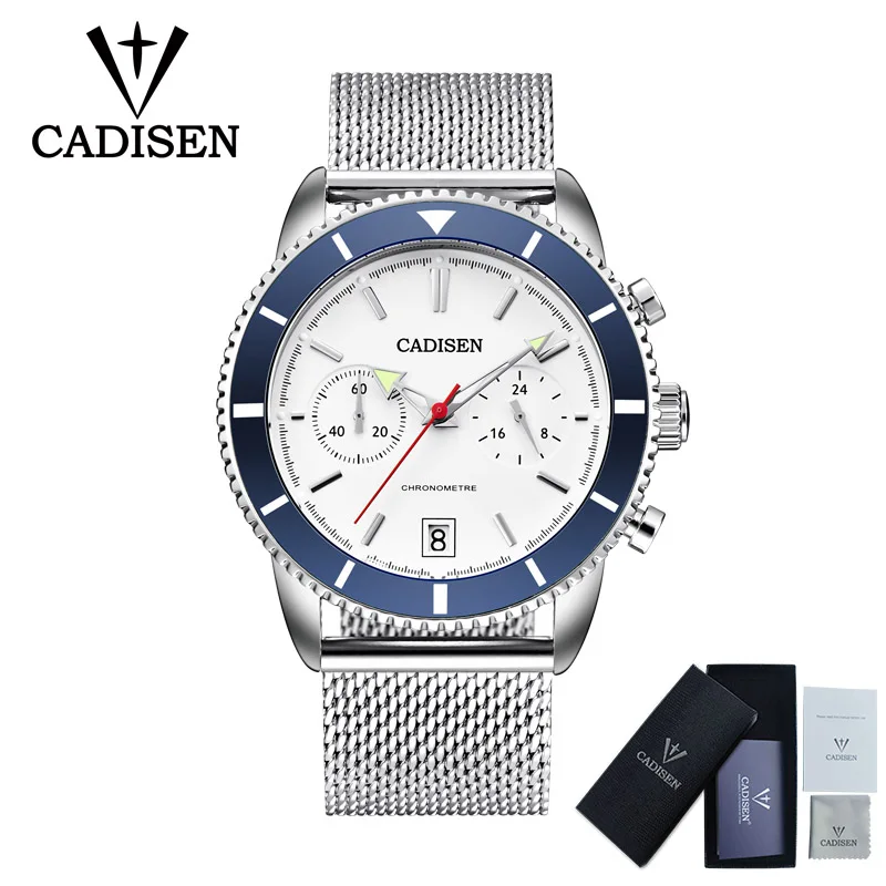 CADISEN модные хронограф мужские часы лучший бренд класса люкс кварцевые часы 30 м водонепроницаемые спортивные мужские наручные часы Relogio Masculino - Цвет: C9065-Blue