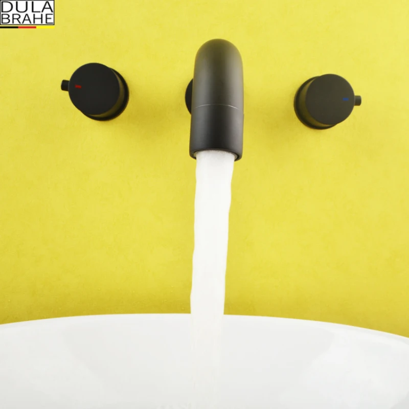 DULABRAHE Matte Black Chrome Mixer Tap Brass Double Handle Wall Mounted Bathroom Sink Faucet Hot & Cold Basin Faucet DULABRAHE Matte Black Chrome Mixer Tap Brass Double Handle Wall Mounted Bathroom Sink Faucet Hot & Cold Basin Faucet