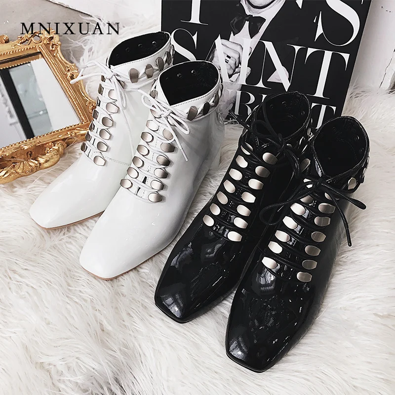 

MNIXUAN Russian style ankle boots winter women shoes 2018 new square toe patent leather lace up martin boots black big size34-43