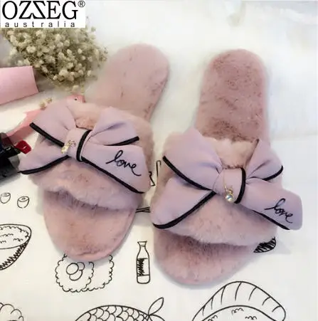 

fur flip flops sweet lace bow fur slides women designer winter sandals warm and cozy home slippers with flower