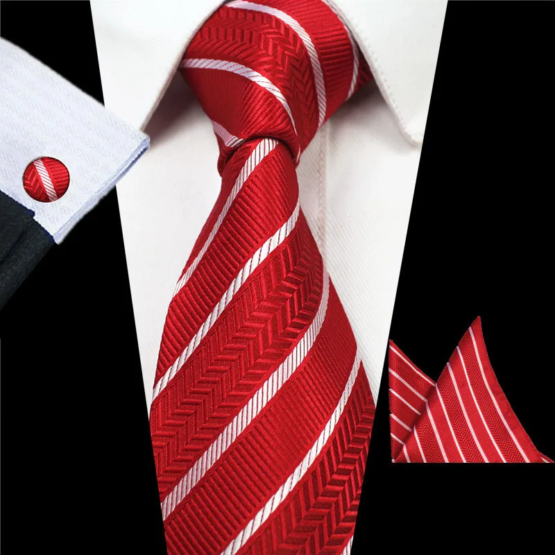 

Men Stylish Red Striped Tie Cufflink Hanky Set Dot Flower Solid Tie for Men Formal Suit Bright Color Casual Necktie
