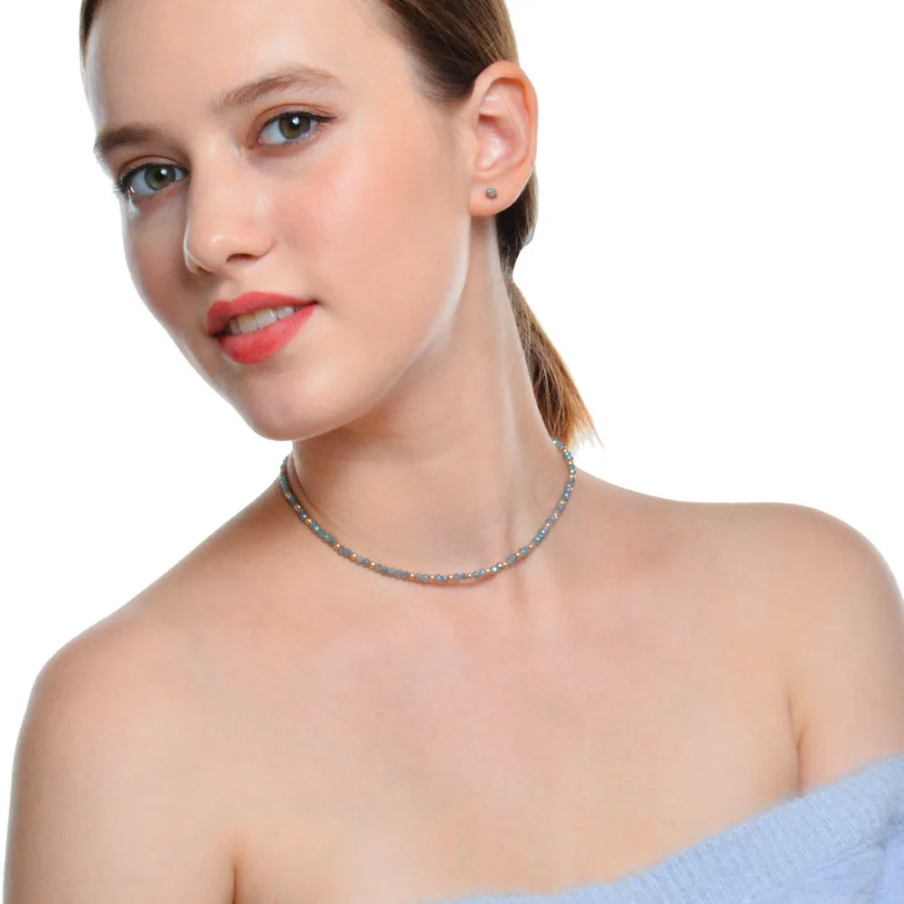 

Simple Fashion Women Cute Crystal Choker Necklace Small Beads Necklace Pink Blue Statement Collar Jewelry