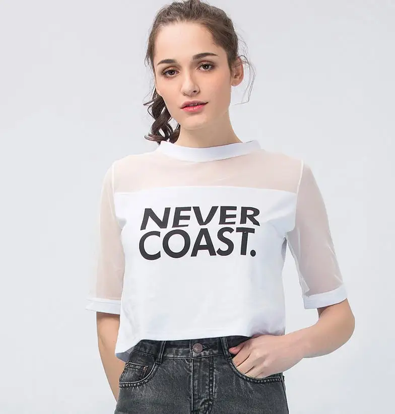 Merry Pretty/летние женские футболки с принтом «NEVER COAST»; Сетчатая футболка в стиле панк; винтажный топ с вырезами для девочек; топы для танцев