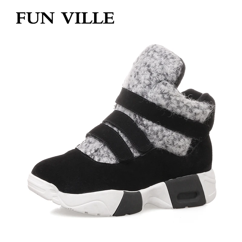 

FUN VILLE New Women Ankle boots Natural Cow Suede wool Boots Autumn Winter Warm Snow Boot Women Thick Platform Flats shoes