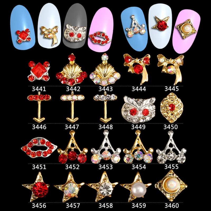 

200Pcs Nail Art Metal Nail Art Rhinestone Fox, Cherry, Lips, Bow Design Nail Tips Dangle Jewelry Alloy Charms #3441-3460#