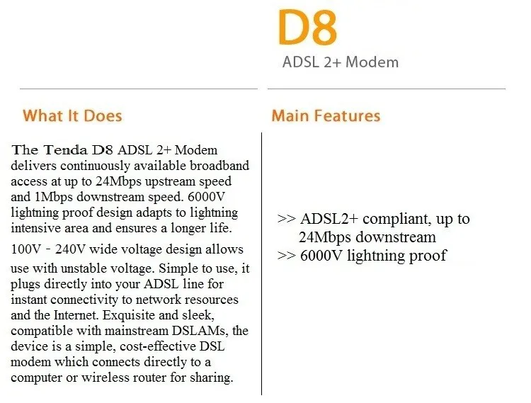 EU/UK/AU/US Plug Tenda высокоскоростной DSL Интернет-Модем ADSL 2+ проводной маршрутизатор ADSL широкополосный модем, без цветной коробки посылка