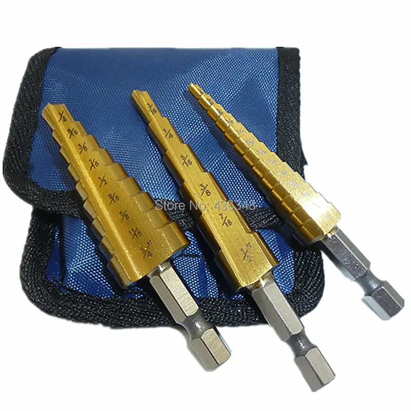 

3pc Steel Titanium Coated Step Drill Bit Quick Change 1/4" Hex Shank 3/16"-1/2'' 1/4"-3/4'' 1/8"-1/2'' Metal Cut Cone Hole Cuter