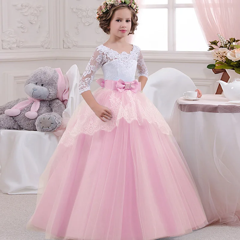 

New Kids Three Quarter White Lace Sleeve Pink Blue Tulle Princess Party Dresses for Teenagers Girls Evening Gowns Children