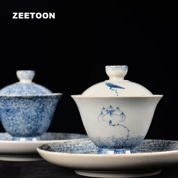 

Vintage Jingdezhen Blue and White Porcelain Lotus Gaiwan China Kung Fu Tea Set Tea Bowl Master Tea Cup Creative Teapot 150ml New