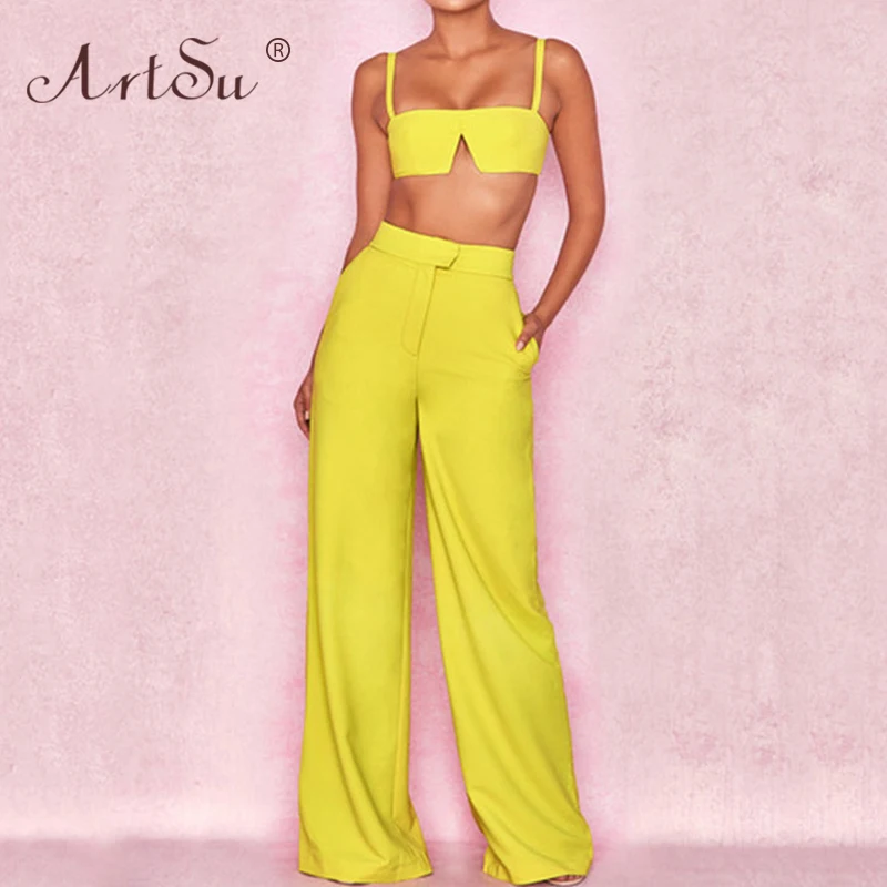 

ArtSu Red Yellow Fashion Party 2 Piece Set Women Summer Festival Sexy Slash Neck Tank Top And Long Pants Outfits Matching Sets