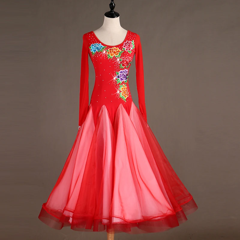 Women Red Purple Shiny Rhinestone Embroidered Roses Dress Latin Dance Skirt Professional Adult Training Modern | Тематическая