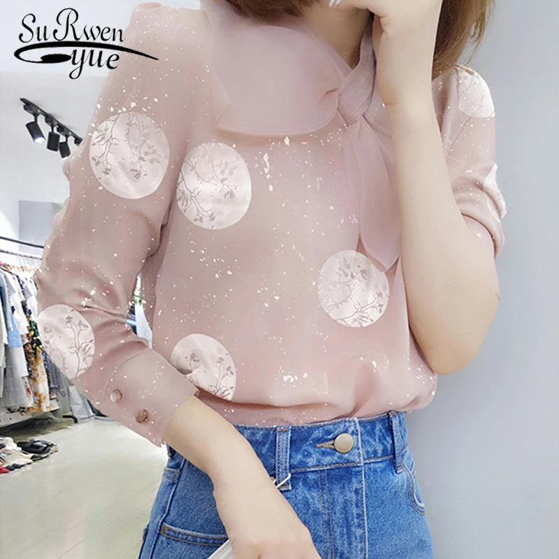 

Fashion women blouses 2019 long sleeve women shirts sweet bow collar pink chiffon blouse shirt womens topd and blouses 2647 50