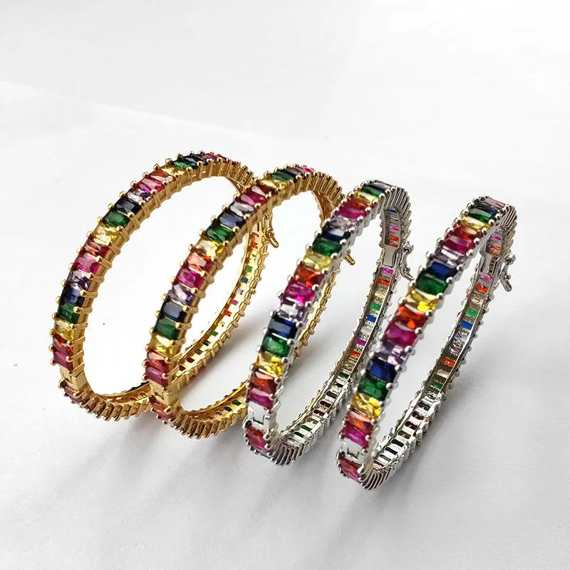 

2Pcs Rainbow cubic Zircon open cuff bangle,Colorful CZ Stone micro pave beach jewelry bracelet for women girl gift BG282