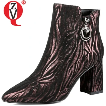 

ZVQ women shoes 2019 winter new fashion mixed colors pointed toe sheepskin boots women metal decoration zip outside warm booties
