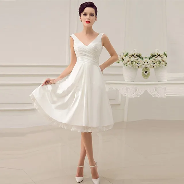 V Neck Backless Pleated Satin Short Wedding Dress Lace Up Vestido De V Neck Backless Pleated Satin Short Wedding Dress Lace Up Vestido De Noiva Spaghetti Straps
