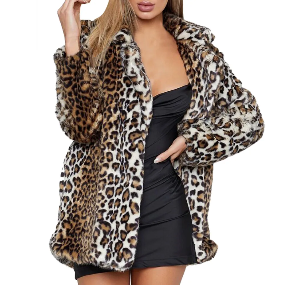 Furry Fur Coat Women Fluffy Ladies Womens Leopard Print Warm Faux Fur