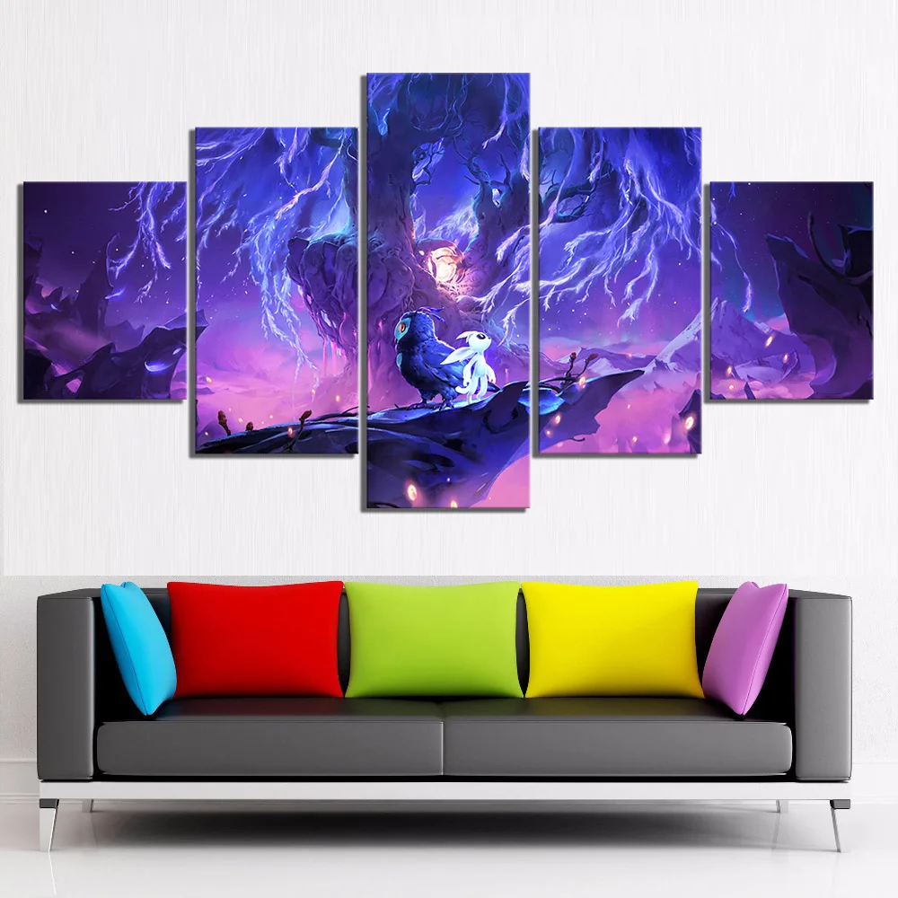 

5 Piece Cartoon Landscape Poster Pictures Ori and The Blind Forest Game Poster Artwork Canvas Paintings Wall Art for Home Decor