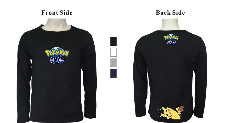 

2019 Pokemon Pikachu Regular Fit Unisex Crewneck Print Long Sleeves Pollover Plus Size Women O-Neck Tees Casual Tshirts