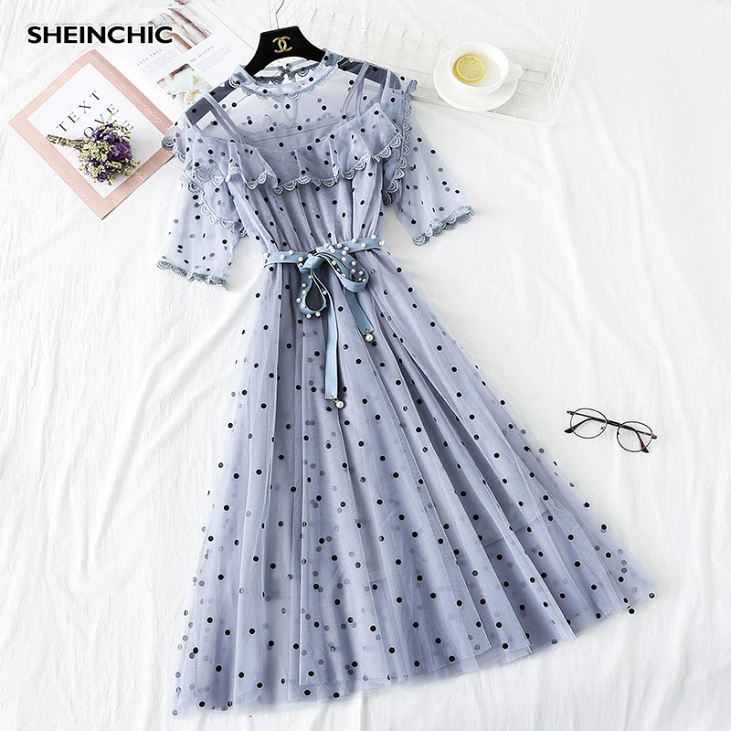 

Polka Dot 2019 New Summer Women Knee Length Dress Elegant O Neck Mesh Ruffles Verano Vestidos Casual Short Sleeve Female Dress