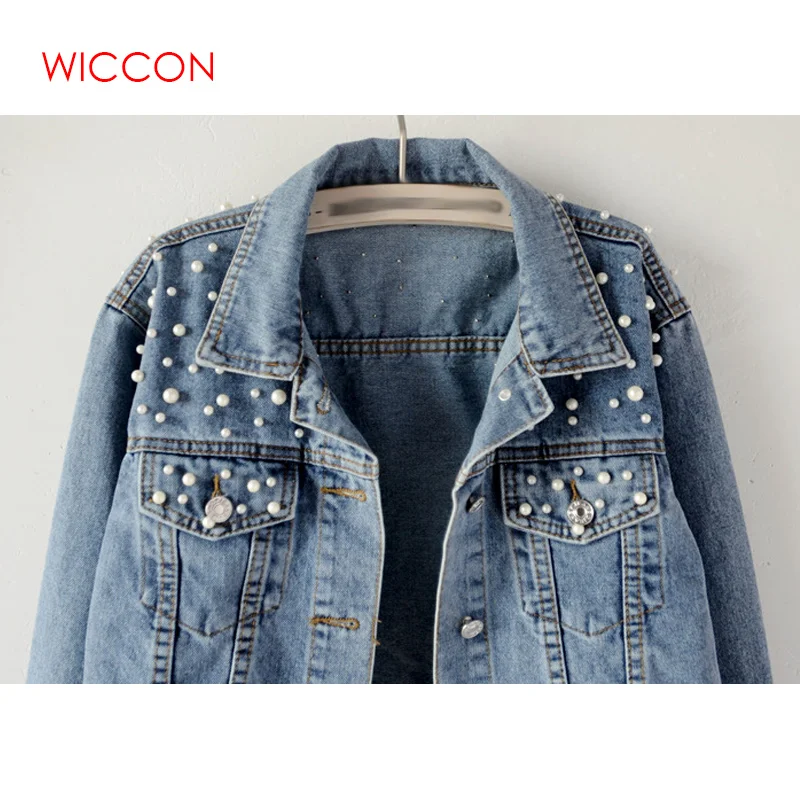 Skup 2020 wiosna Pearl frezowanie Crop Denim kurtki kobiety 5Xl dżinsy Bomber Jacket z długim rękawem płaszcz dżinsowy koreański Plus Size