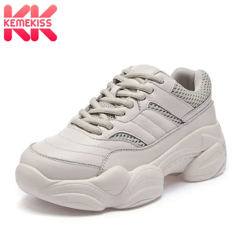 

KemeKiss Casual Women Flats Sneakers Real Leather Outdoor Jogging White Shoes Women Lace Up Air Mesh Hiking Shoes Size 35-40