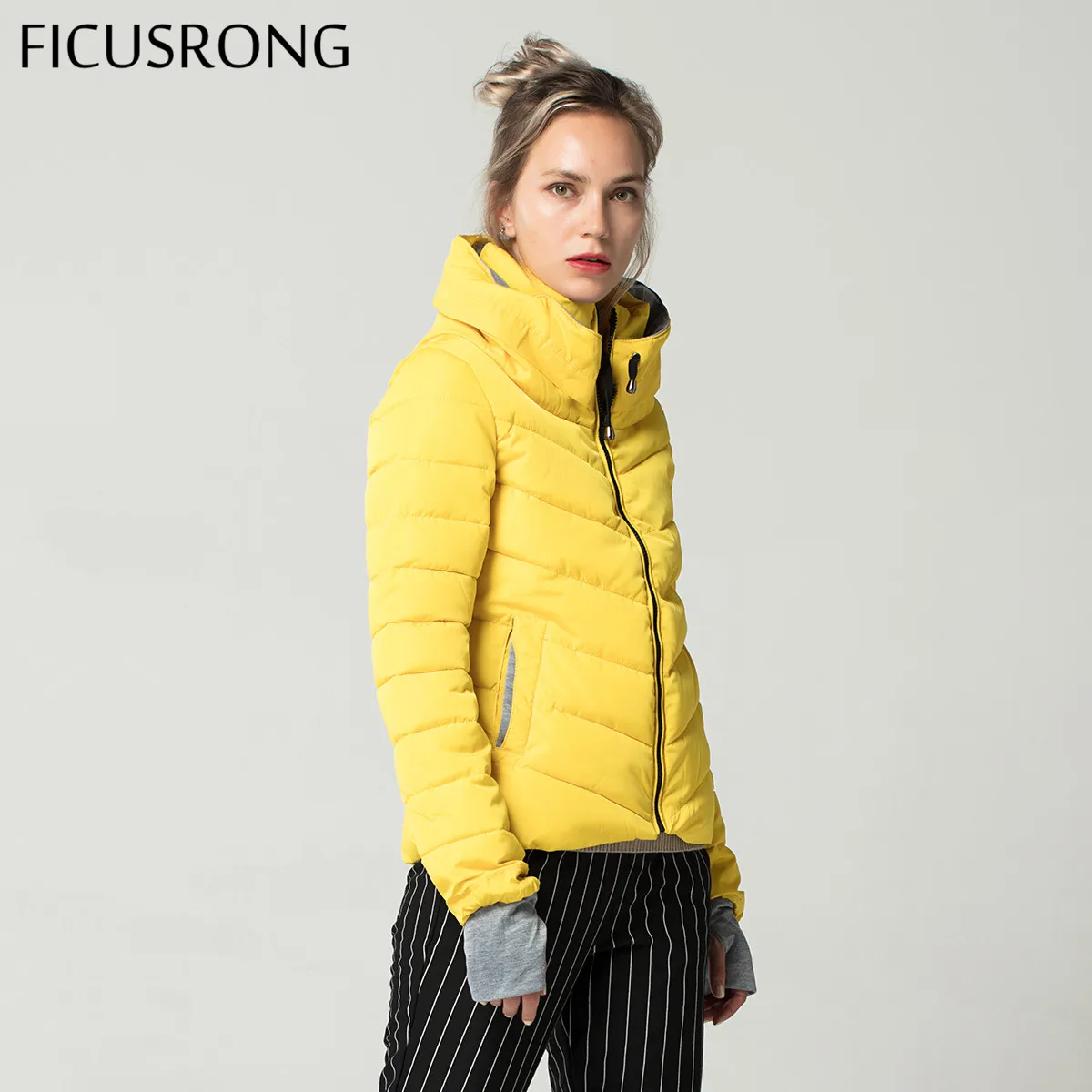 Goedkoop Hooded Geel Vrouwen Herfst Winter Jas Stand Kraag Katoen Gevoerde Vrouwelijke Basic Jacket Bovenkleding Jas chaqueta mujer FICUSRONG