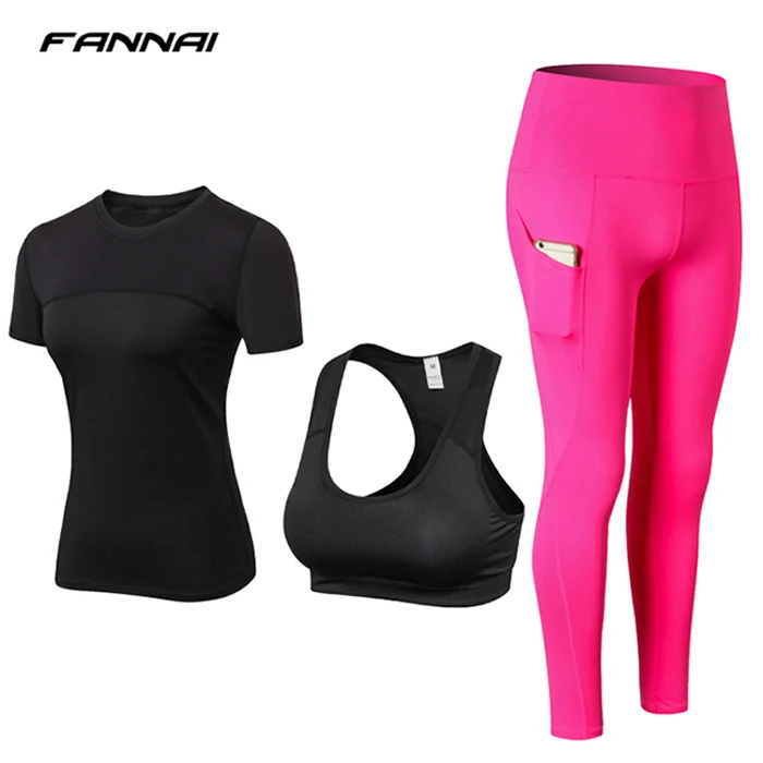 Комплект из 3 предметов, одежда для йоги, костюм, футболка+ бюстгальтер+ штаны, Спортивная быстросохнущая дышащая одежда для бега, фитнеса, спортивная одежда для женщин - Цвет: black-black-rose
