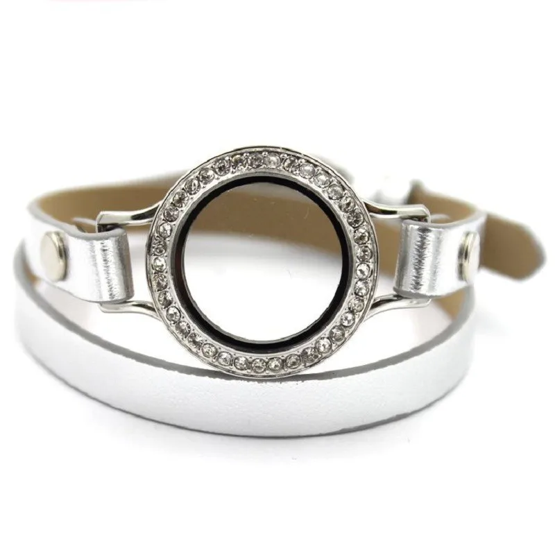 5pcs alloy floating glass locket bracelets wrap silver leather bracelet with 30mm crystal screw