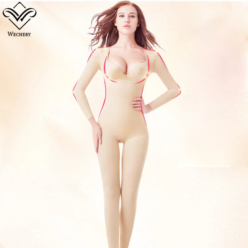 Wechery Reductoras and Shapers Women Full Body Long Sleeve Corrective Underwear Seamless Lingeries Underbust Bodysuit