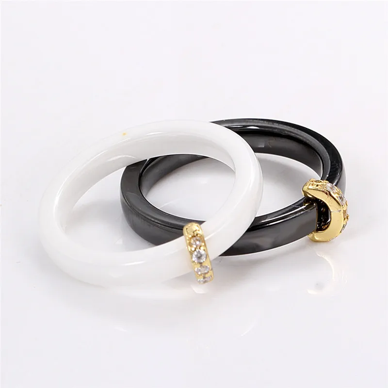 Modyle New Smooth Ceramic Ring Cubic Zirconia Black And White Color Women Jewelry Engagement Wedding Band Gifts For Women