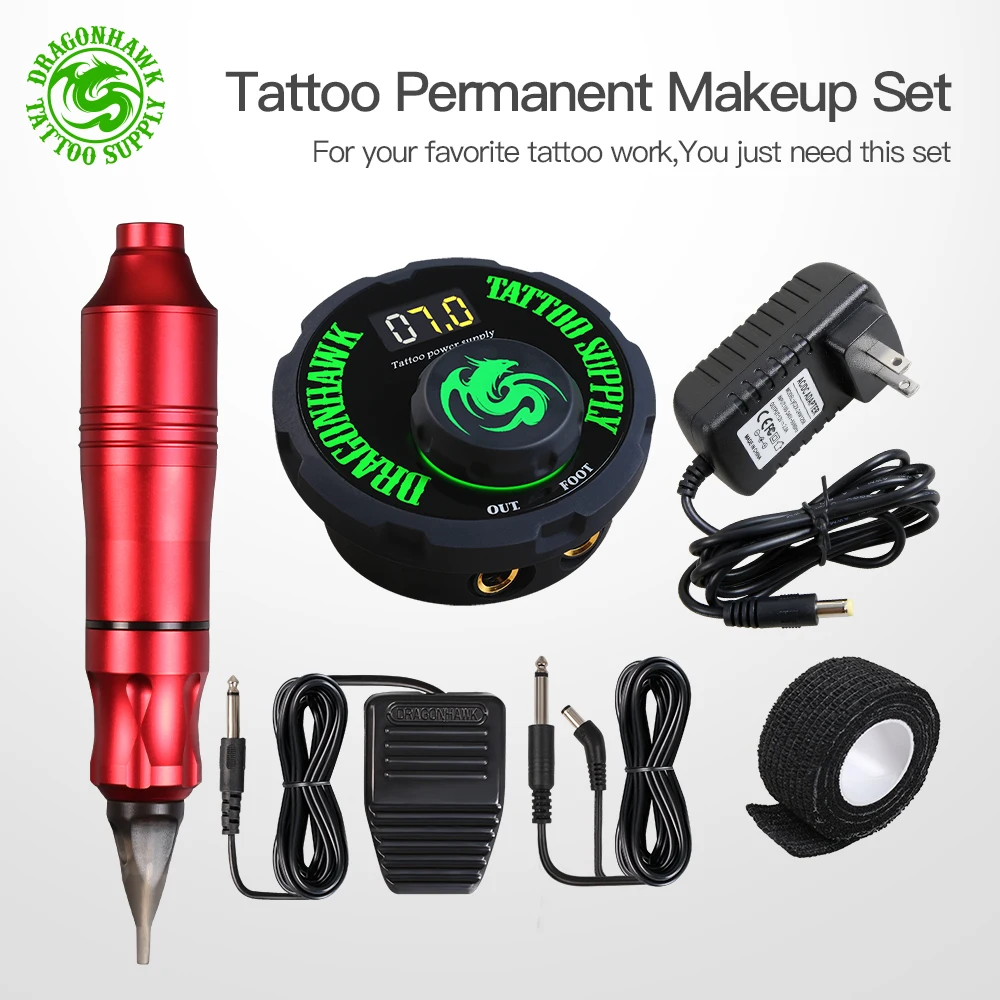

Tattoo Machine Pen Set Permanent Makeup Machine Tattoo Kit Eyebrow Tattoo Tools Red Color Pen Style LCD Power Set Supplies